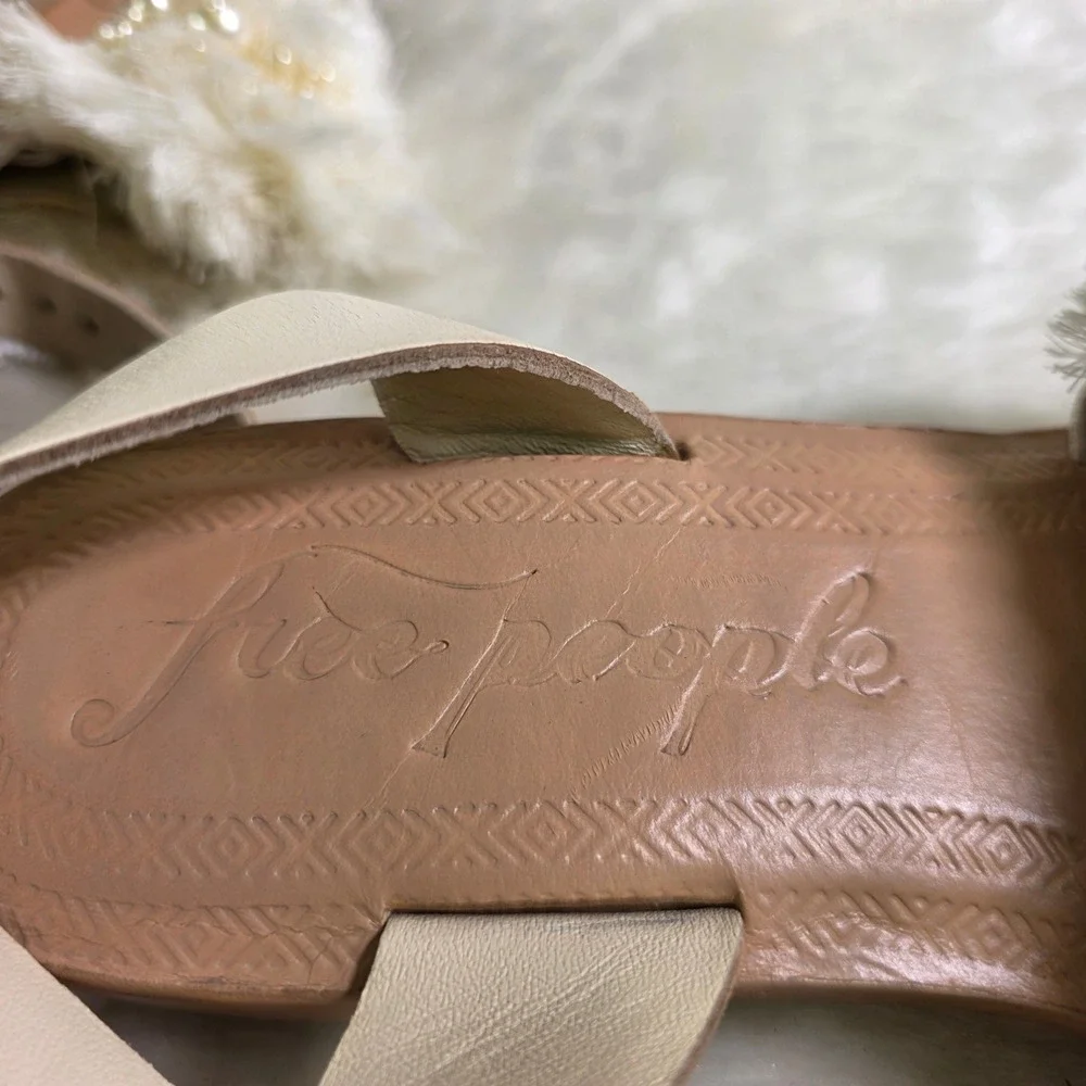 Free People Sun Peaks Pearl Fringed Toe Loop Sandals Leather Cream Women 38 7